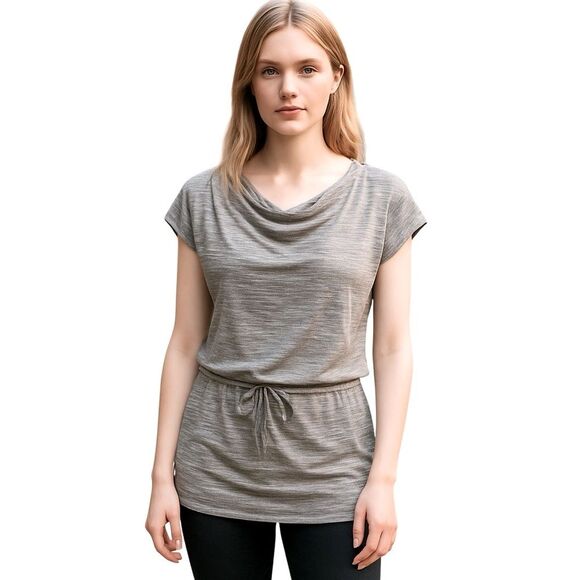 LOFT Gray Striped Cotton Tunic Top Cowl Neck Cap Sleeve Drawstring Waist Small - Picture 5 of 10